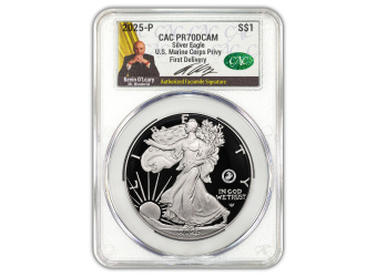 2025-P 1 oz American Silver Eagle w/ Marine Corps Privy CACG PR70  O/Leary Facsimile Signature