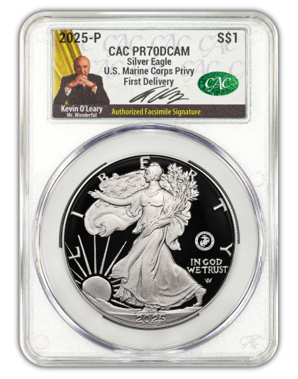 2025-P 1 oz American Silver Eagle w/ Marine Corps Privy CACG PR70  O/Leary Facsimile Signature