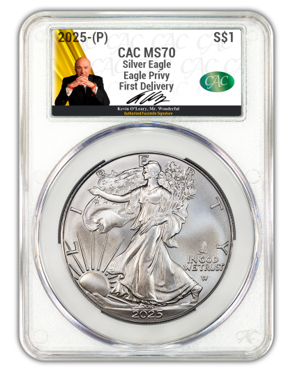 2025 (P) 1 oz American Silver Eagle w/ Eagle Privy CACG Kevin O'Leary Facsimile Signature MS70