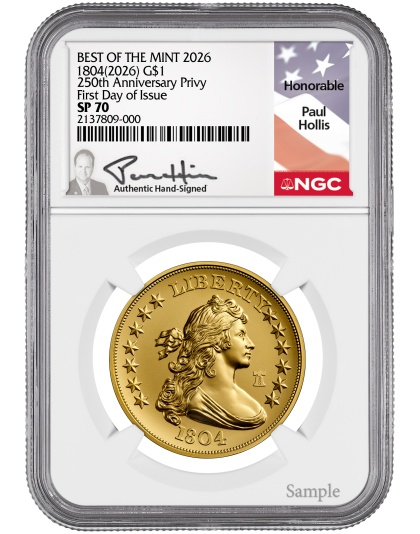 2026 (1804) 1 oz Gold Draped Bust Dollar Paul Hollis Signed NGC SP70
