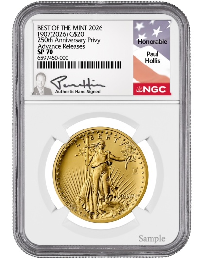 2026 (1907) 1 oz Gold Saint Gaudens Paul Hollis Signed NGC SP70